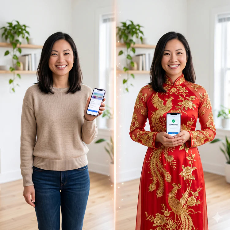 Hai người phụ nữ cầm điện thoại — một mặc áo thường, một mặc áo dài cưới đỏ thêu phượng hoàng vàng: thử áo dài online trước khi đặt