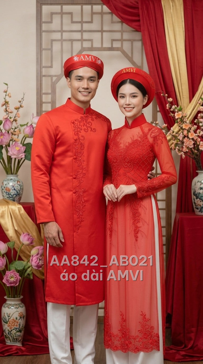Áo dài cưới lụa đỏ thêu hoa đính kim sa cổ tàu cưới hỏi sang trọng, ảnh chụp cặp đôi, mã AB021