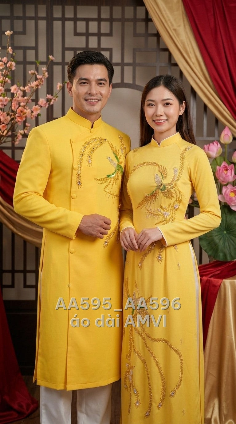 Áo dài cưới nam vải trơn vàng tươi thêu phượng hoàng đá kim sa sang trọng, ảnh chụp cặp đôi, mã AA596
