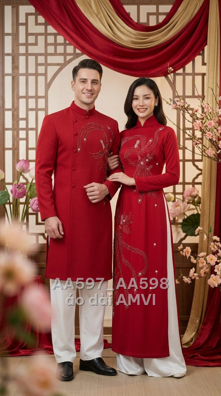 Áo dài cưới nam, ảnh chụp cặp đôi, mã AA597