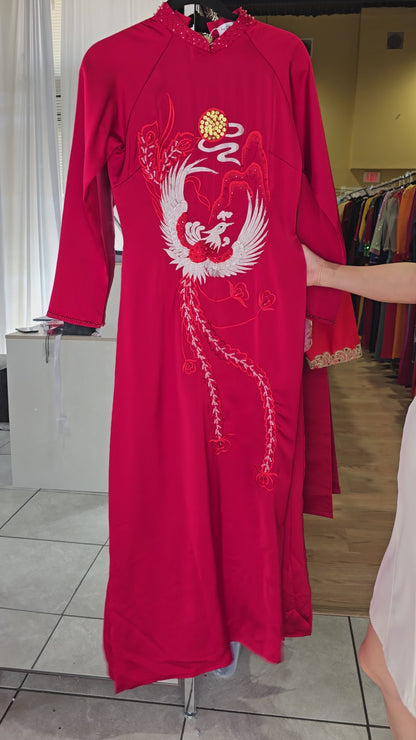 Áo - Lụa Đỏ Thêu Phượng Hoàng Đính Cườm Lấp Lánh Sang Trọng - AB411