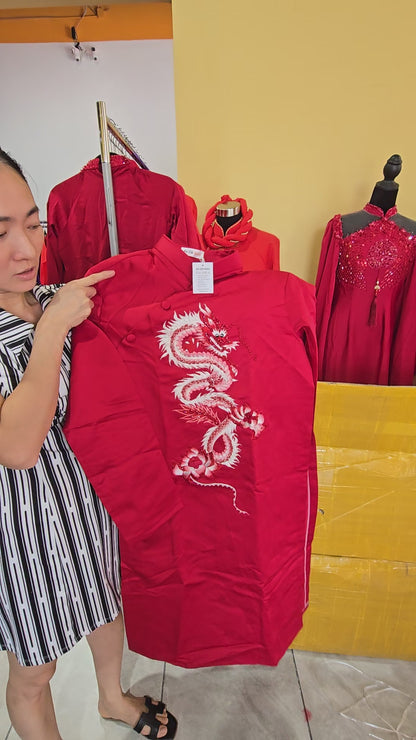 Áo Dài Cưới Nam Thêu Rồng Đỏ Lấp Lánh – Phong Cách Hoàng Gia Tại The Met NYC - AA999