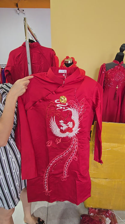 Áo Dài Cưới Nam Thêu Phượng Hoàng Đỏ Đặt Sắc Tại The Met NYC - AB008