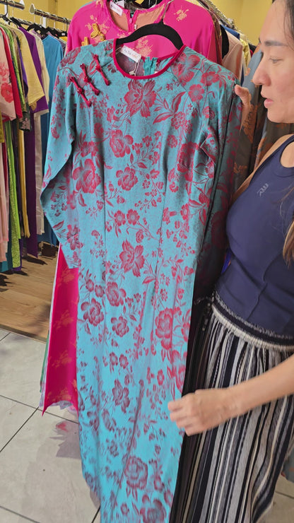 Traditional Teal Ao Dai with Large Floral Pattern - Vietnamese Beauty in Yosemite - AB023