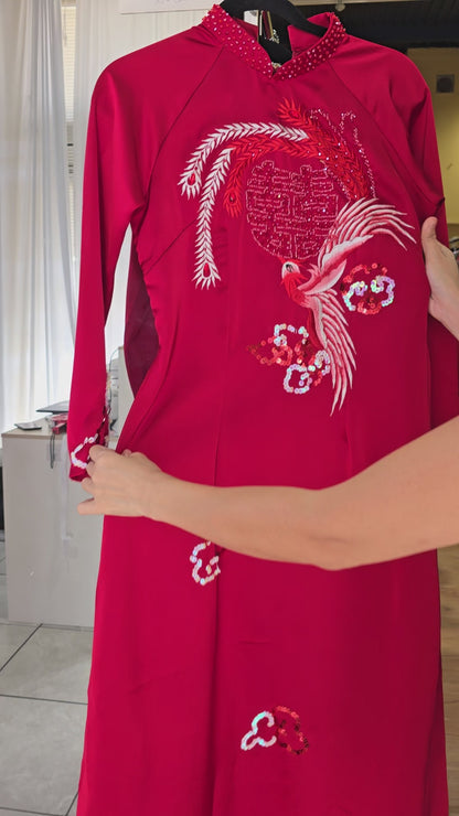 Áo - Lụa Đỏ Thêu Phượng Hoàng Chữ Hỷ Cưới Hỏi Sang Trọng - AB412