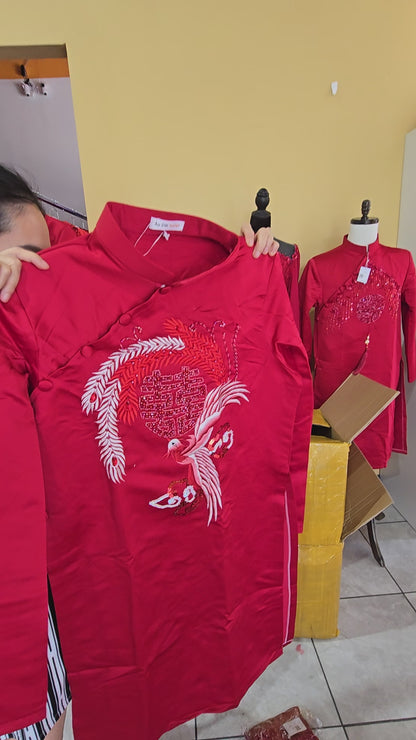 Red Ao Dai Wedding Dress with Embroidered Phoenix, Vietnamese Charm at The Met New York - AB005