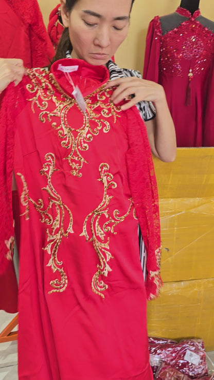 Red Wedding Ao Dai with Elaborate Embroidery at The Met New York - AB016