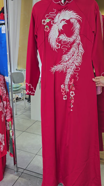 Áo - Lụa Đỏ Đô Thêu Phượng Hoàng Voan Thanh Lịch Cưới Hỏi - AB471