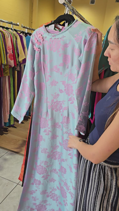 Traditional Pink and Blue Ao Dai with Delicate Rose Pattern in San Francisco - AB145