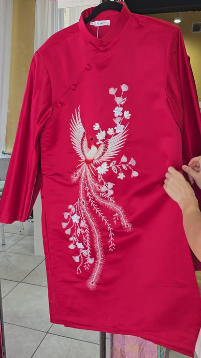 Áo - Lụa Đỏ Thêu Phượng Hoàng Đính Cườm Truyền Thống - AB476
