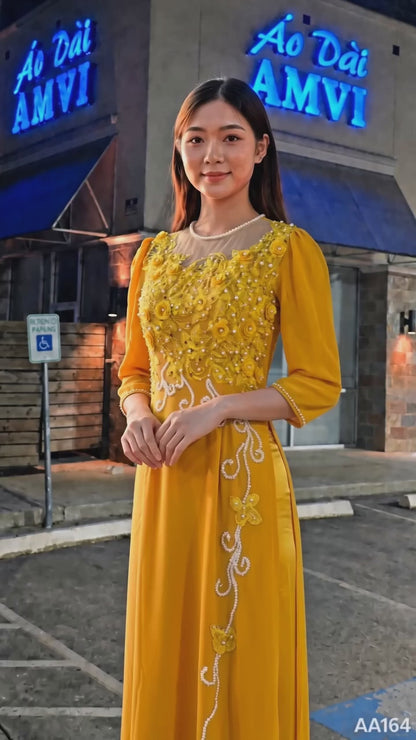 Áo kết hợp váy bên trong - Vàng Thêu Hoa 3D Ngọc Trai Lấp Lánh Cổ Tròn Sang Trọng - AA164