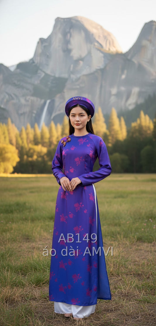 Áo Dài Truyền Thống Xanh Tím Họa Tiết Hoa Sen Thanh Lịch Giữa Thiên Nhiên Hùng Vĩ. - AB149