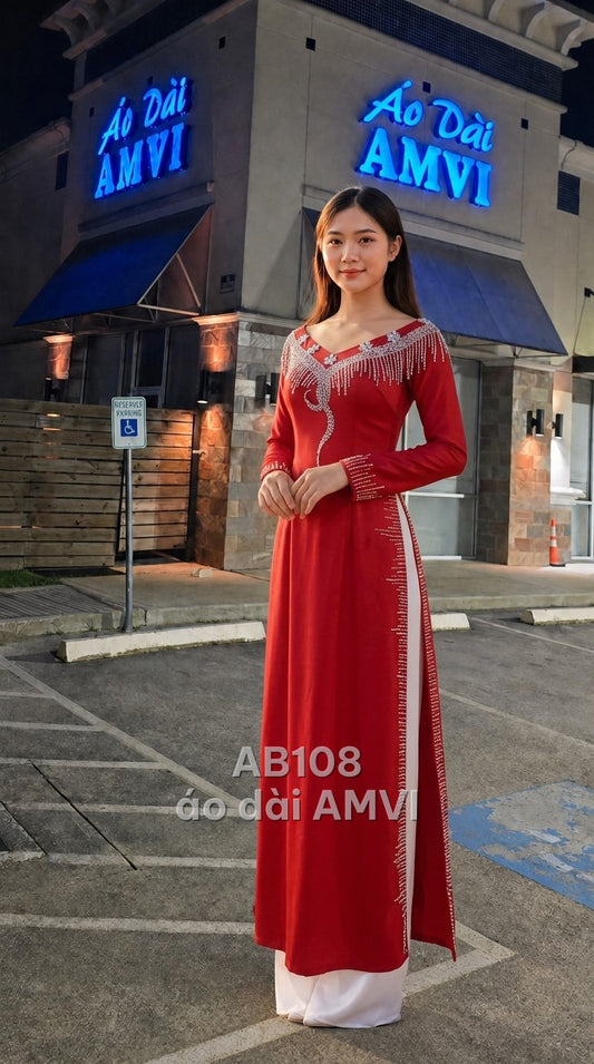 Dress - Red Silk Beaded with Elegant Wave Pattern for Parties - AB108