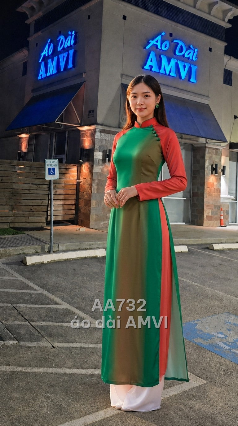 Áo+Quần - Lụa Phối Đỏ Xanh Độc Đáo Hiện Đại Sang Trọng - AA732