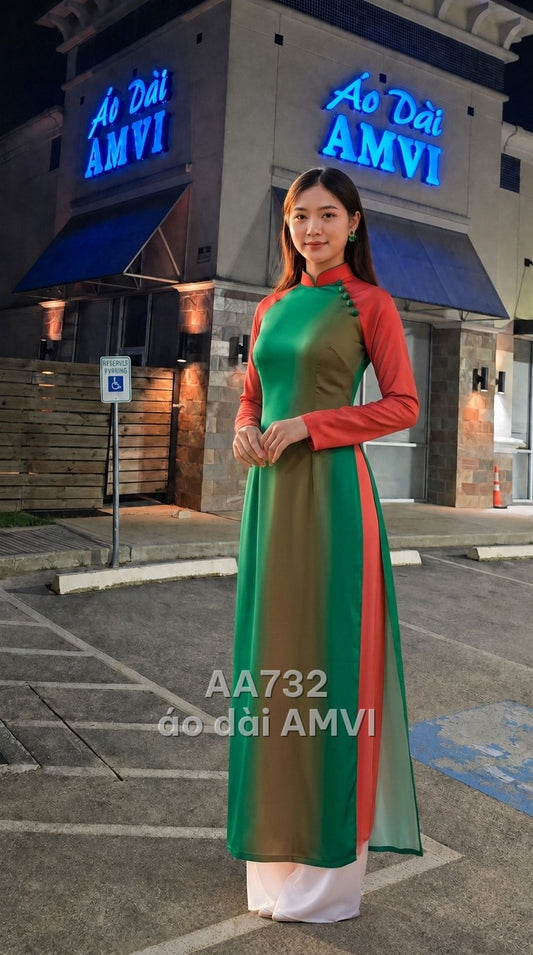 Áo+Quần - Lụa Phối Đỏ Xanh Độc Đáo Hiện Đại Sang Trọng - AA732