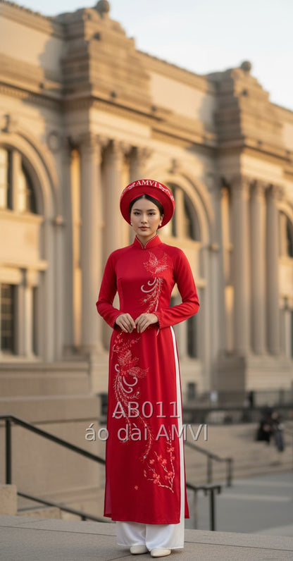 Red Phoenix Embroidered Wedding Ao Dai at The Met NYC - AB011
