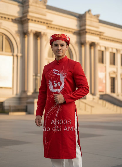 Áo Dài Cưới Nam Thêu Phượng Hoàng Đỏ Đặt Sắc Tại The Met NYC - AB008