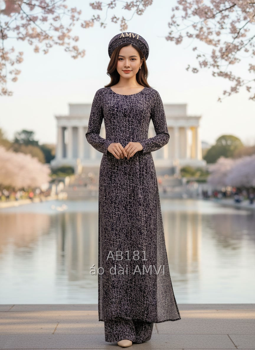 Dark blue Ao Dai for women with abstract patterns at National Mall - AB181