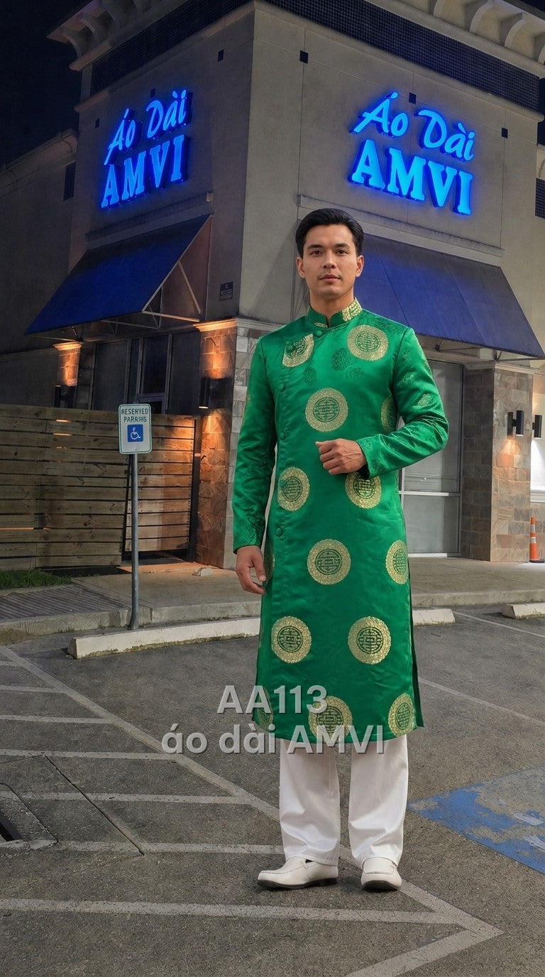 Áo - Gấm Xanh Hoạ Tiết Truyền Thống Cổ Đứng Cúc Tàu Độc Đáo - AA113