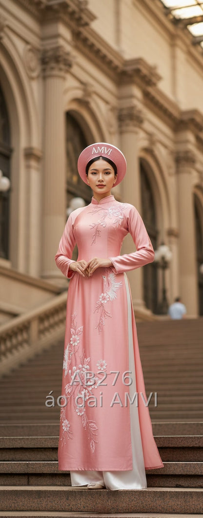 Áo Dài Cưới Hồng Đào Thêu Hoa Chim 3D Lộng Lẫy Tại New York - AB276