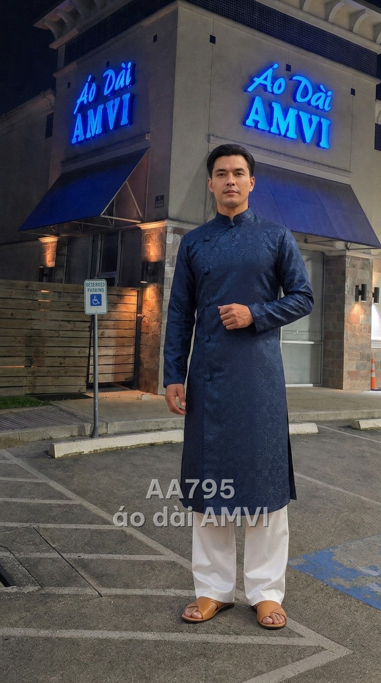 Áo dài nam gấm xanh dương hoa văn chìm cổ điển lịch lãm dự tiệc, mã AA795