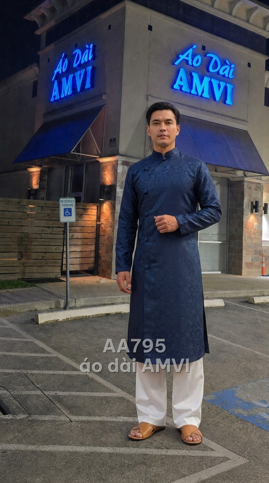 Áo - Gấm Xanh Dương Hoa Văn Chìm Cổ Điển Lịch Lãm Dự Tiệc - AA795