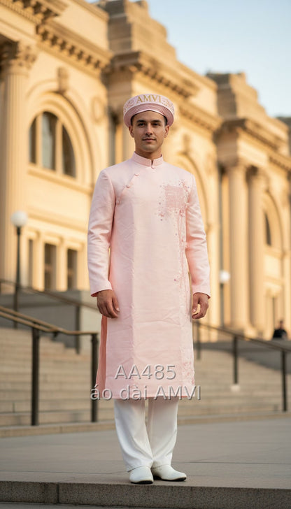 Áo dài cưới nam Song Hỷ hồng nhạt thanh lịch tại The Met, NYC, mã AA485