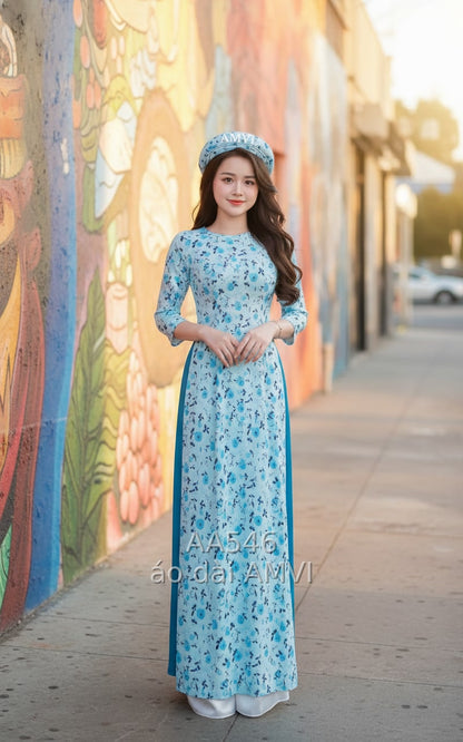 Áo Dài Xanh Họa Tiết Hoa: Vẻ Đẹp Việt Tại Little Saigon - AA546