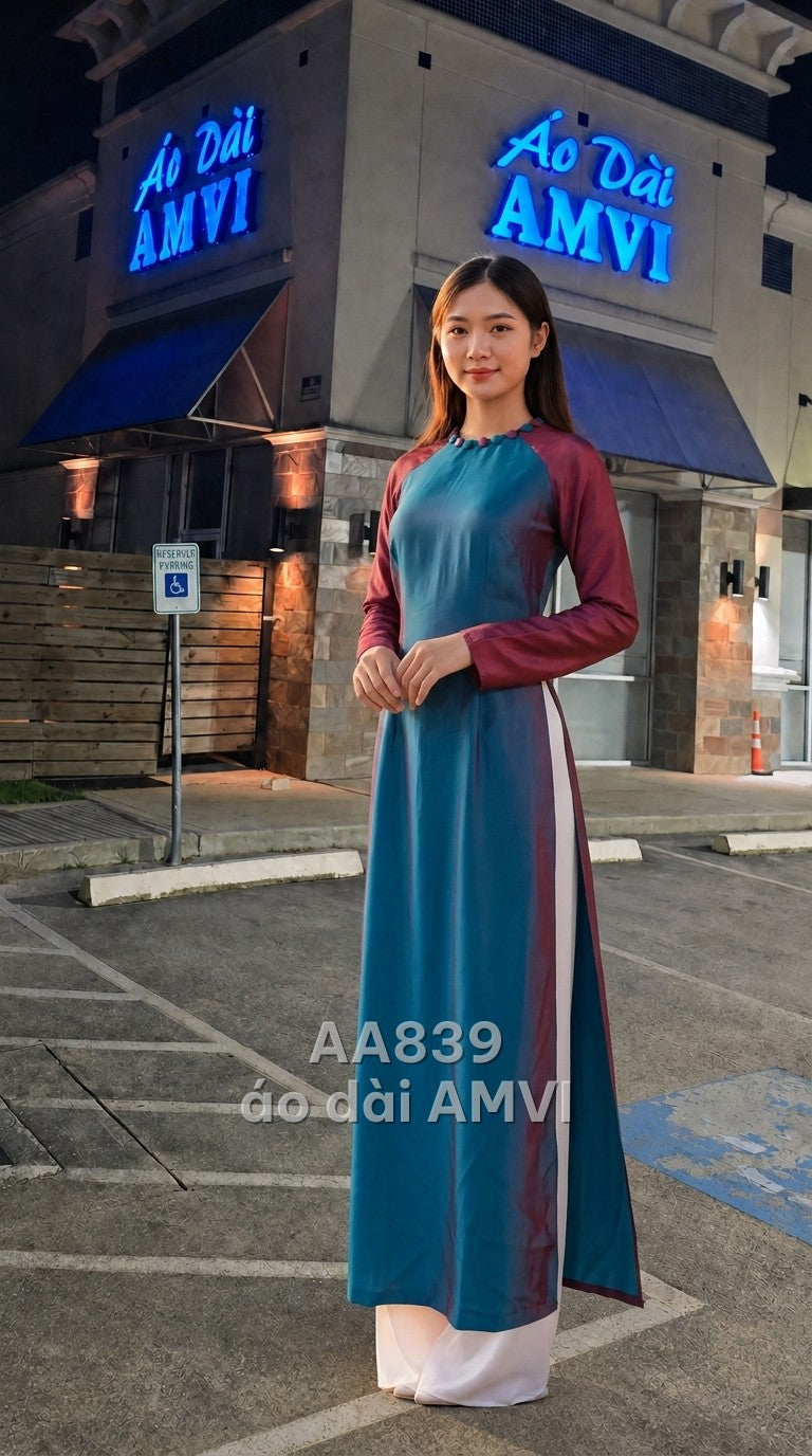 Áo + quần - Lụa Xanh Phối Hồng Cách Tân Cổ Tròn Dự Tiệc - AA839