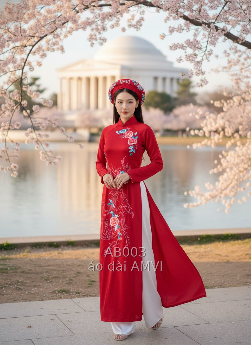 Áo Dài Cưới Thêu Phượng Đỏ Đính Đá: Nét Đẹp Việt Tại Washington D.C. - AB003