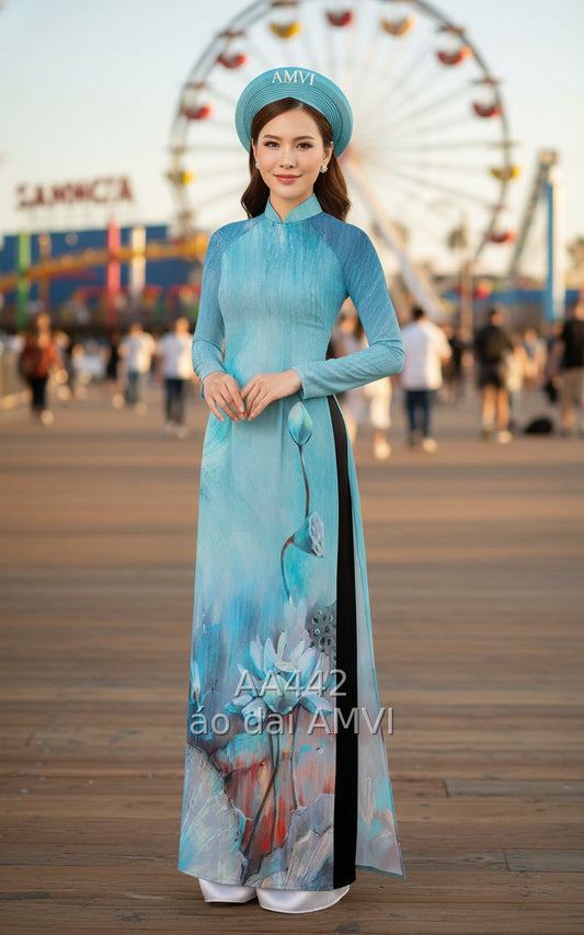 Youthful Blue Lotus Ao Dai at Santa Monica Pier - AA442