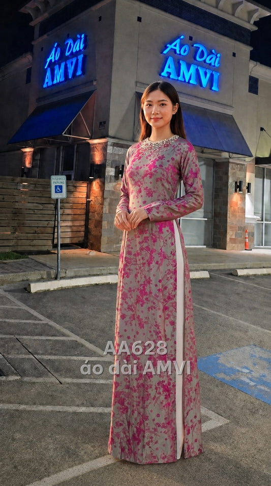 Áo - Vải Xám Họa Tiết Hồng Tinh Xảo Đính Ngọc Trai - AA628