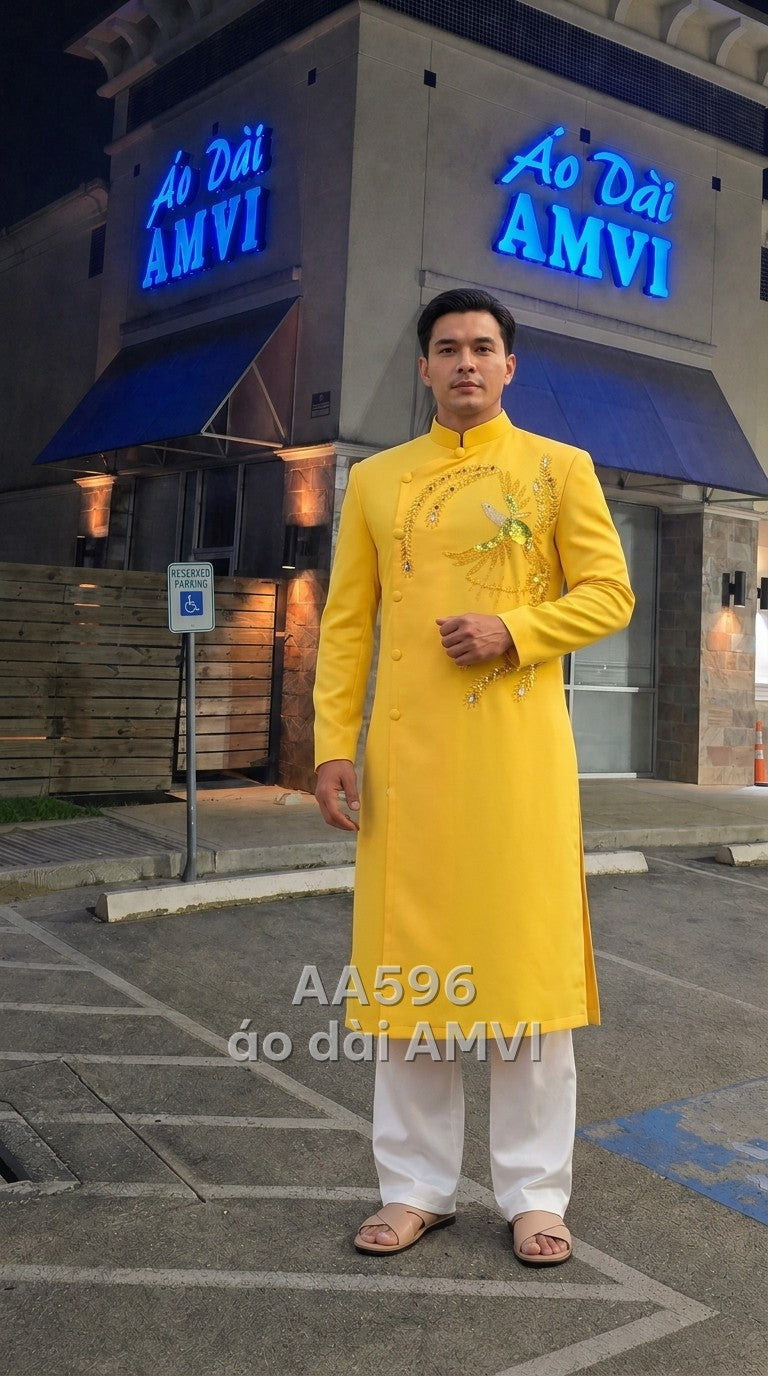 Áo - Vải Trơn Vàng Tươi Thêu Phượng Hoàng Đá Kim Sa Sang Trọng - AA596