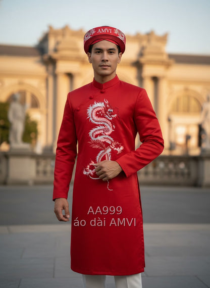 Men's Red Shimmering Dragon Embroidered Ao Dai for Wedding – Royal Style at The Met NYC - AA999