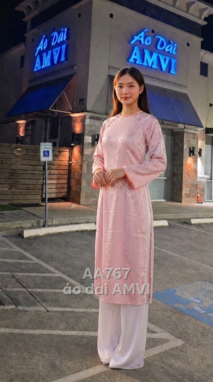Áo - Lụa Hồng Hoa Văn Chìm Cổ Cao Thanh Lịch Dự Tiệc - AA767