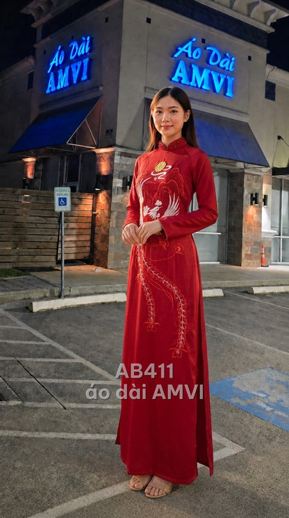 Áo - Lụa Đỏ Thêu Phượng Hoàng Đính Cườm Lấp Lánh Sang Trọng - AB411