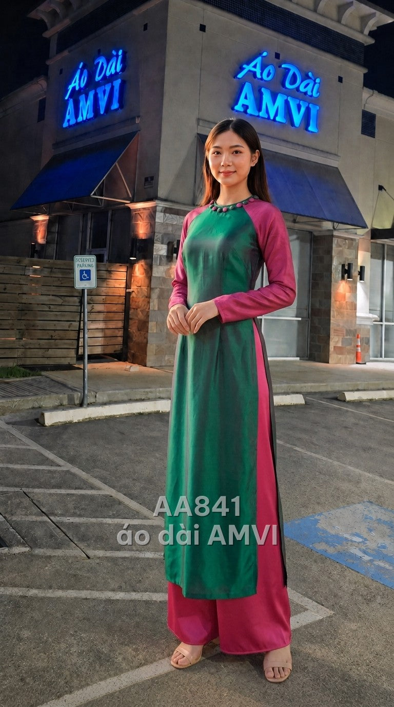 Áo - Vải Bóng Xanh Lá Phối Hồng Cổ Tròn Thanh Lịch - AA841