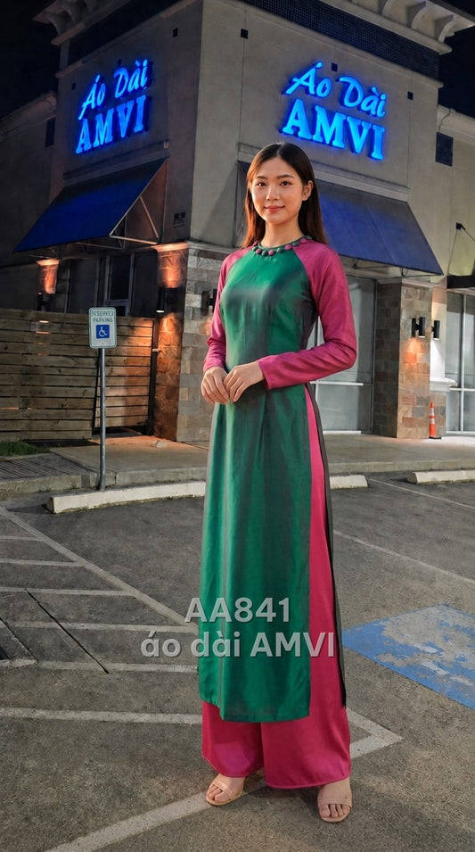 Áo - Vải Bóng Xanh Lá Phối Hồng Cổ Tròn Thanh Lịch - AA841