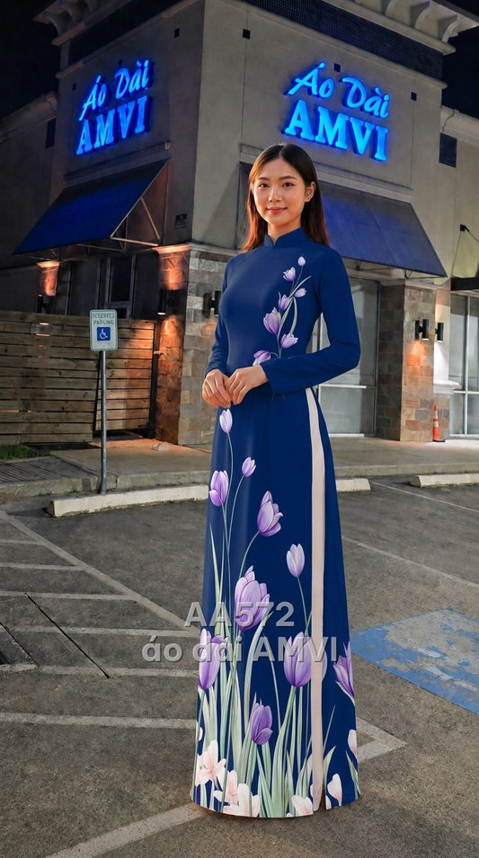 Blouse - Blue with Purple Tulip Print, Elegant Traditional Style - AA572