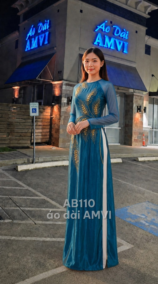 Shirt - Elegant Blue Silk Embroidered Rice Stalks for Events - AB110