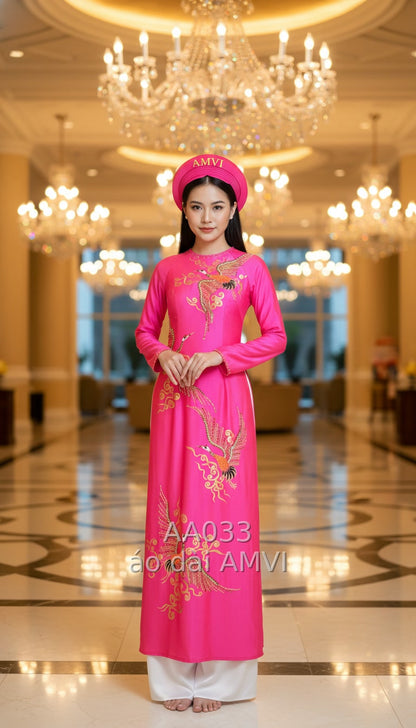 Áo Dài Nữ Hồng Cánh Sen Dạ Hội Đính Phượng Hạc Sang Trọng - AA033