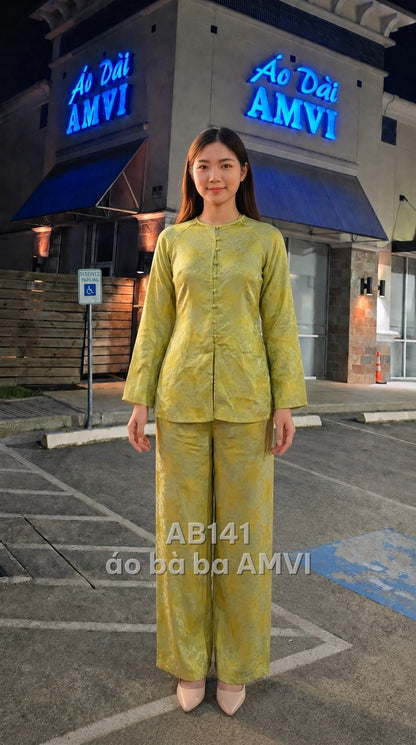 Áo+Quần - Gấm Vàng Họa Tiết Nổi Cổ Tròn Thanh Lịch - AB141