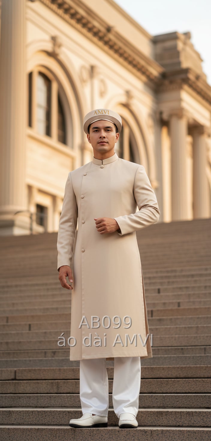 Áo Dài Nam Truyền Thống Màu Kem Lịch Lãm Tại The Met New York - AB099