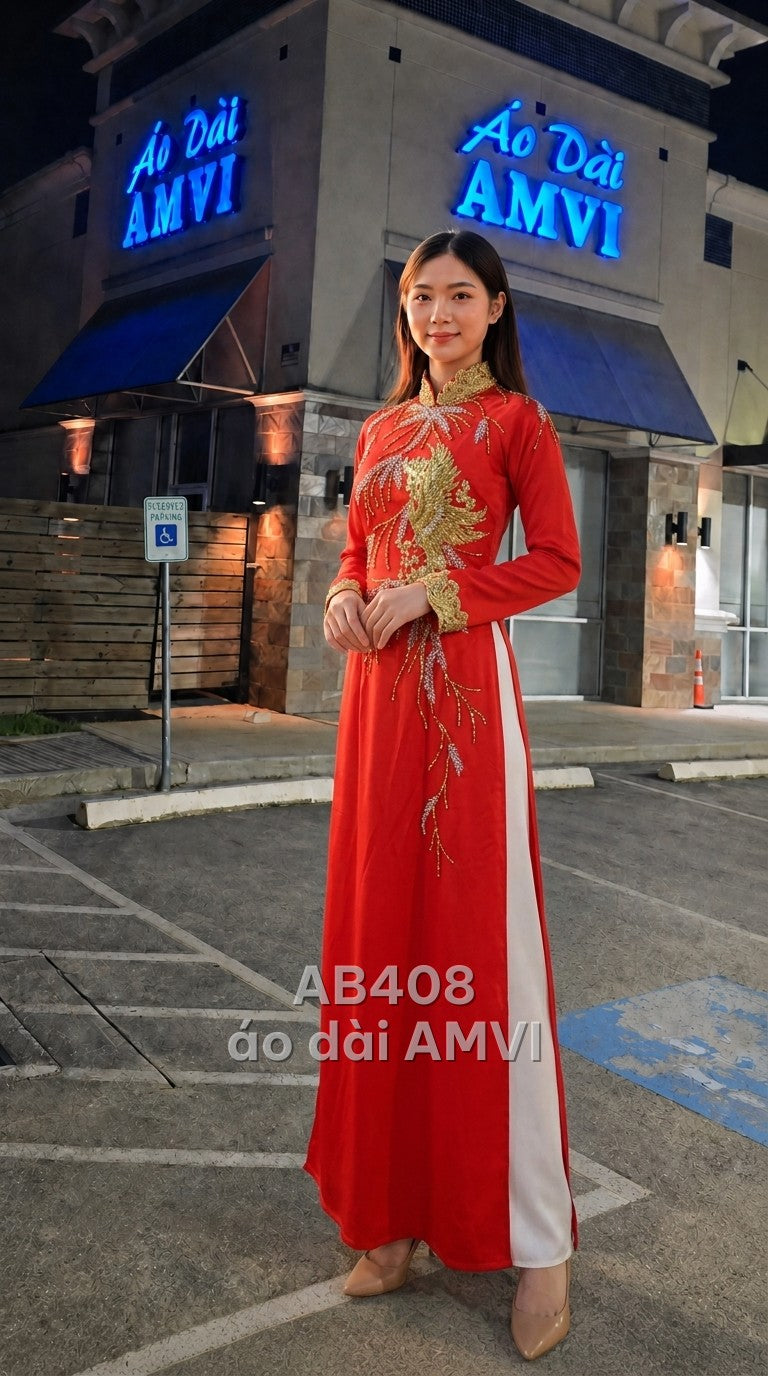 Áo - Lụa Đỏ Thêu Phượng Hoàng Long Phụng Cặp Đôi Cưới - AB408