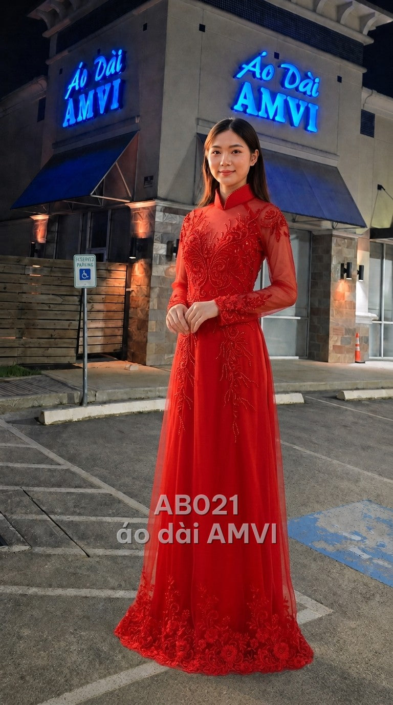 Áo dài cưới lụa đỏ thêu hoa đính kim sa cổ tàu cưới hỏi sang trọng, mã AB021