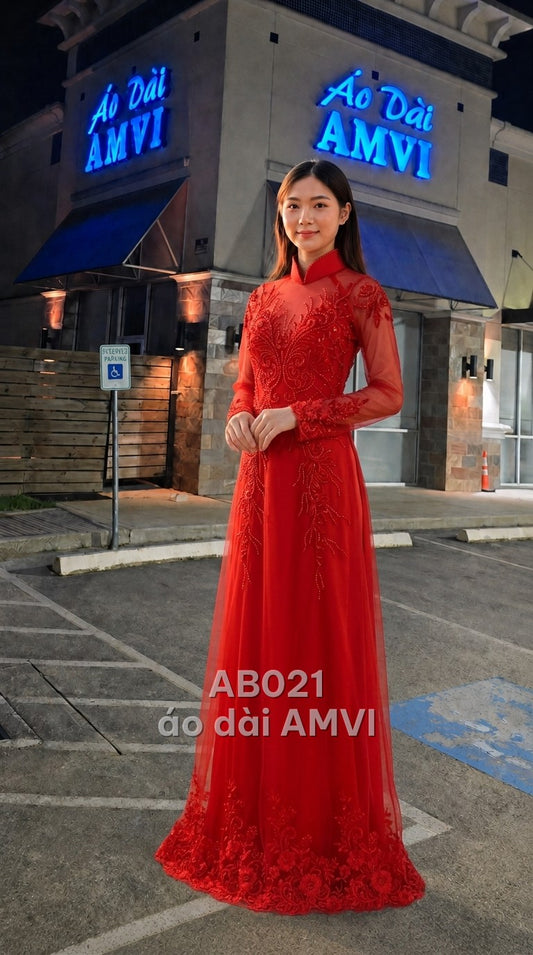 Áo - Lụa Đỏ Thêu Hoa Đính Kim Sa Cổ Tàu Cưới Hỏi Sang Trọng - AB021