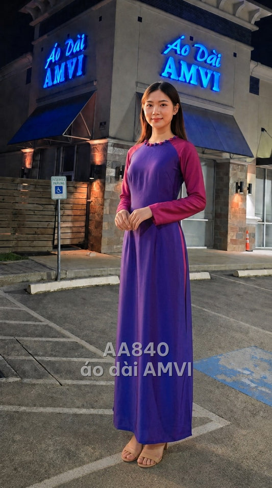 Áo - Lụa Tím Hồng Phối Màu Độc Đáo Cổ Tròn Thanh Lịch - AA840