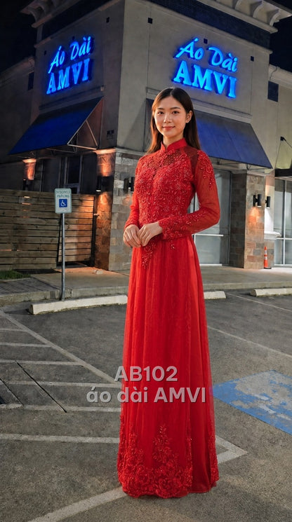 Dress - Red Lace with Embroidered Flowers and Sparkling Rhinestones for Party - AB102