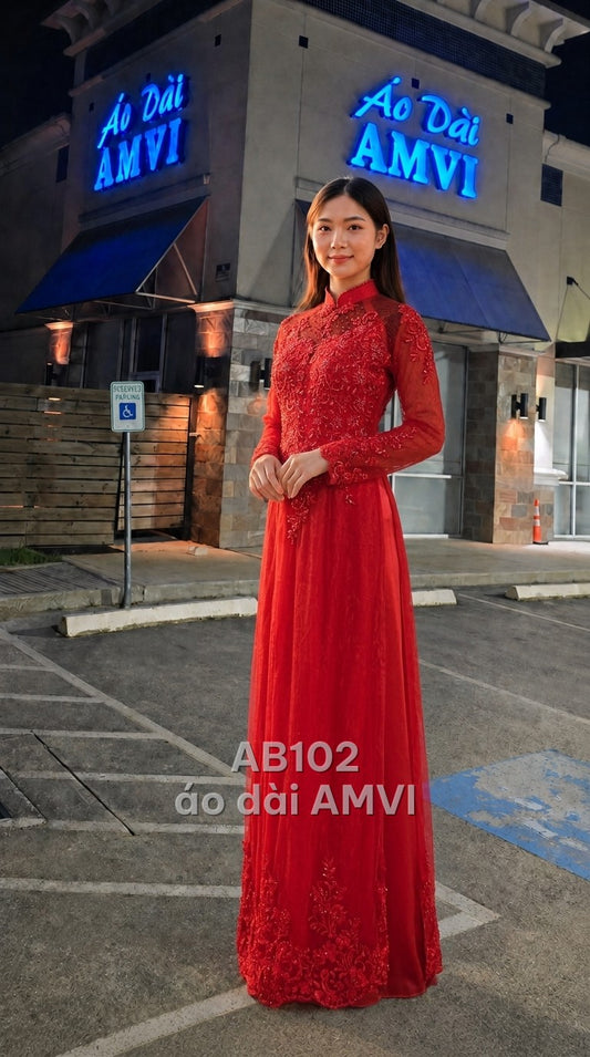 Dress - Red Lace with Embroidered Flowers and Sparkling Rhinestones for Party - AB102