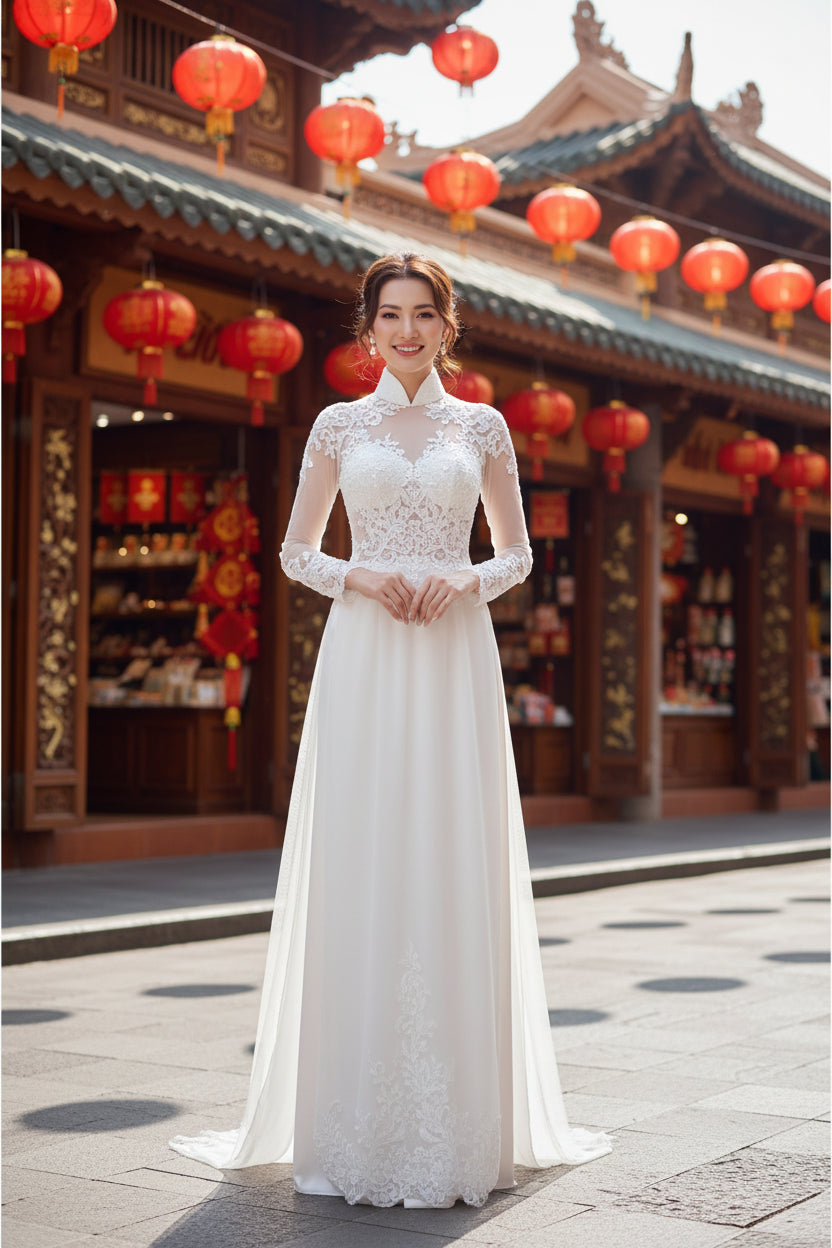 Elegant AMVI white floral embroidered veil-hem Aodai wedding dress - AA355